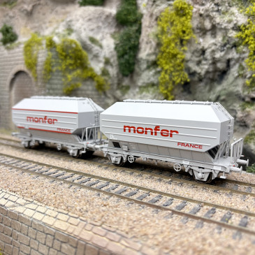 2 wagons céréaliers Frangeco B, "Monfer France", SNCF, Ep. IV et V - REE WB-896 - HO 1/87