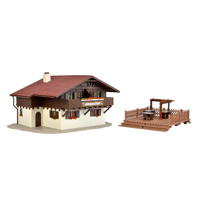 Auberge alpine avec terrasse en bois - VOLLMER 43960 - HO-1/87