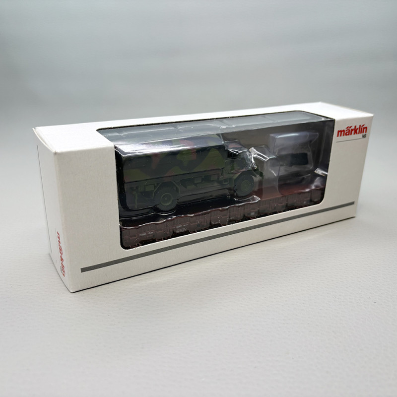 Wagon plat à ranchers Kb 443, transport lourd, avec camion militaire, DB - MARKLIN 46928 Wagon plat à ranchers Kb 443, transport lourd, avec camion militaire, DB - MARKLIN 46928