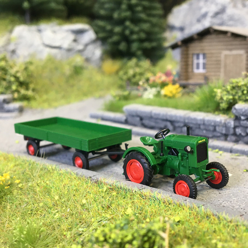 Tracteur, Deuzt F1M 414, avec remorque agricole - BUSCH 54102 - HO 1/87