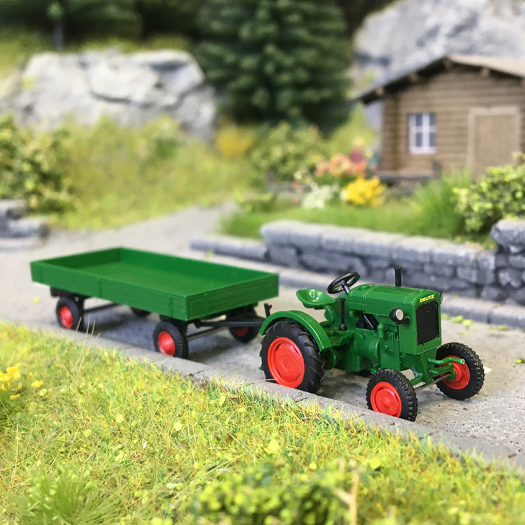 Tracteur, Deuzt F1M 414, avec remorque agricole - BUSCH 54102 - HO 1/87