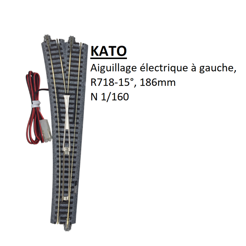 Aiguillage électrique à gauche, R718-15°, 186mm - KATO 20-202 - N 1/160