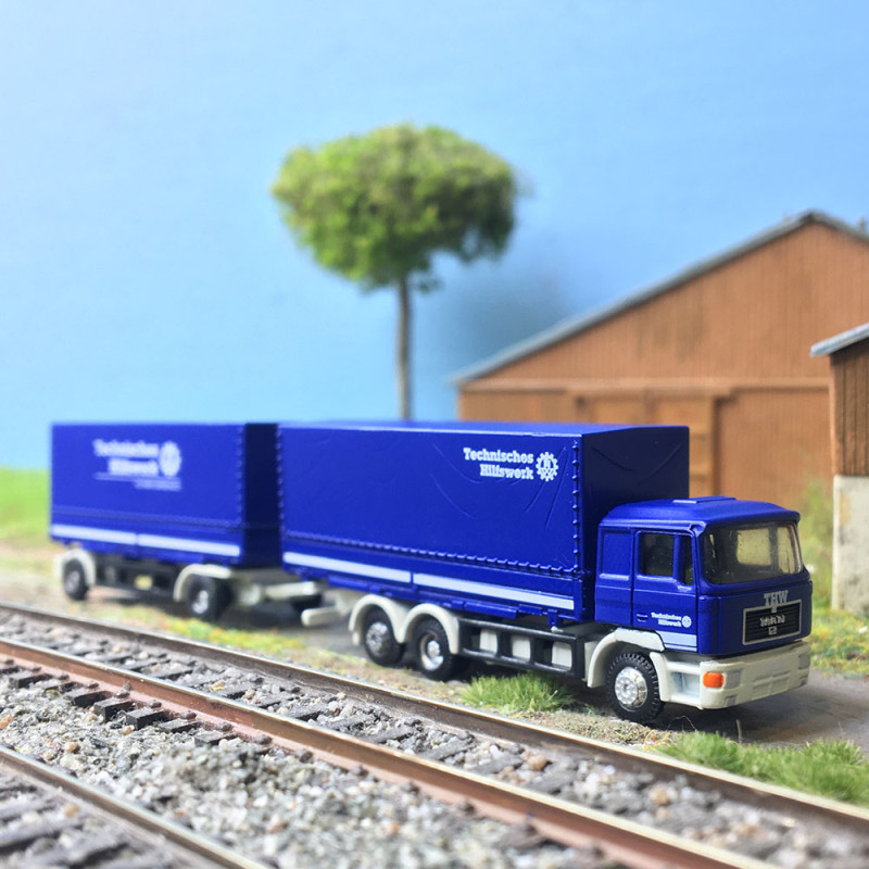 MAN F90, remorque caisse mobile, THW, 1986 - LEMKE/MINIS LC4636 - N 1/160