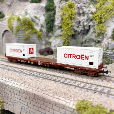 Wagon porte conteneurs, plat à ranchers pivotantes type Rs, "CITROËN", SNCF, Ep. IV - JOUEF HJ6310 - HO 1/87