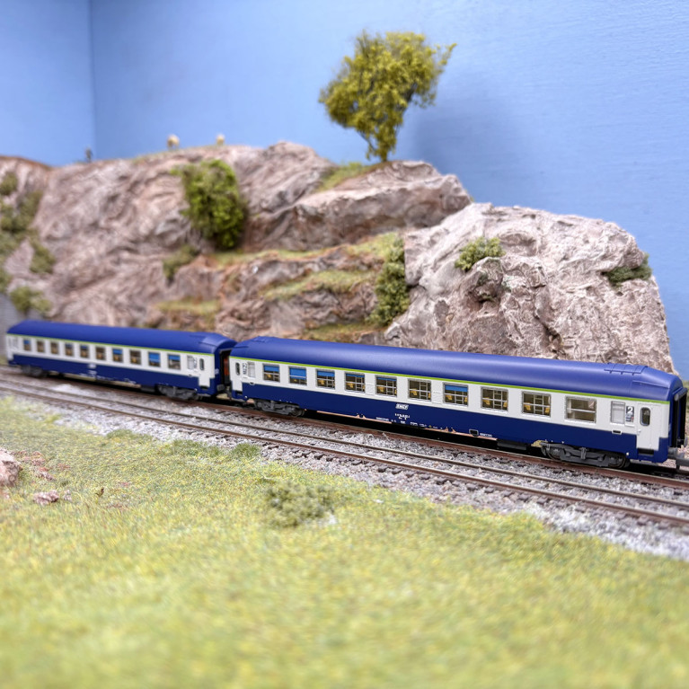 2 voitures couchettes UIC B9c9x, 2CL, livrée "TEN", logo blanc encadré, SNCF, Ep. IV - REE NW-350 - N 1/160