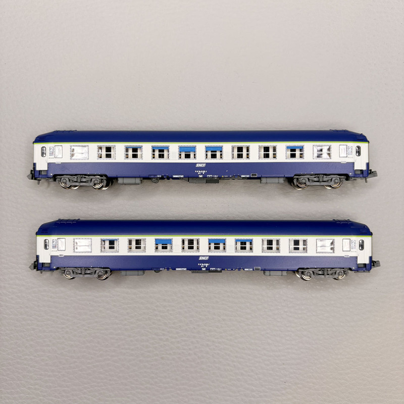 2 voitures couchettes UIC B9c9x, 2CL, livrée "TEN", logo blanc encadré, SNCF - REE NW-350