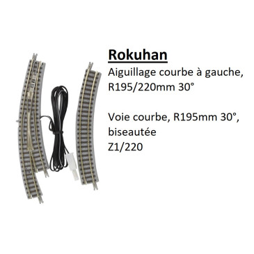 Aiguillage courbe à gauche, R 195/220-30°, voie courbe, R195-30°, biseautée - ROKUHAN R026 - Z 1/220