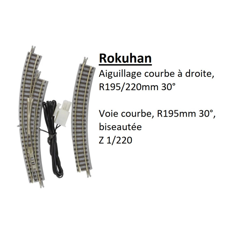 Aiguillage courbe à droite, R 195/220-30°, voie courbe, R195-30°, biseautée - ROKUHAN R027 - Z 1/220