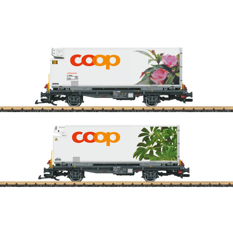 LGB 45925 - Coffret 2 wagons porte-conteneurs, Coop® motifs « Edellieschen » et « Schefflera » RhB