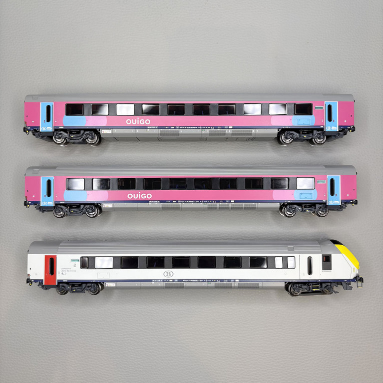 Lsmodels 43557 - Coffret de 3 voitures type I11 dont voiture pilote, Ouigo, Bruxelles - Paris, SNCB