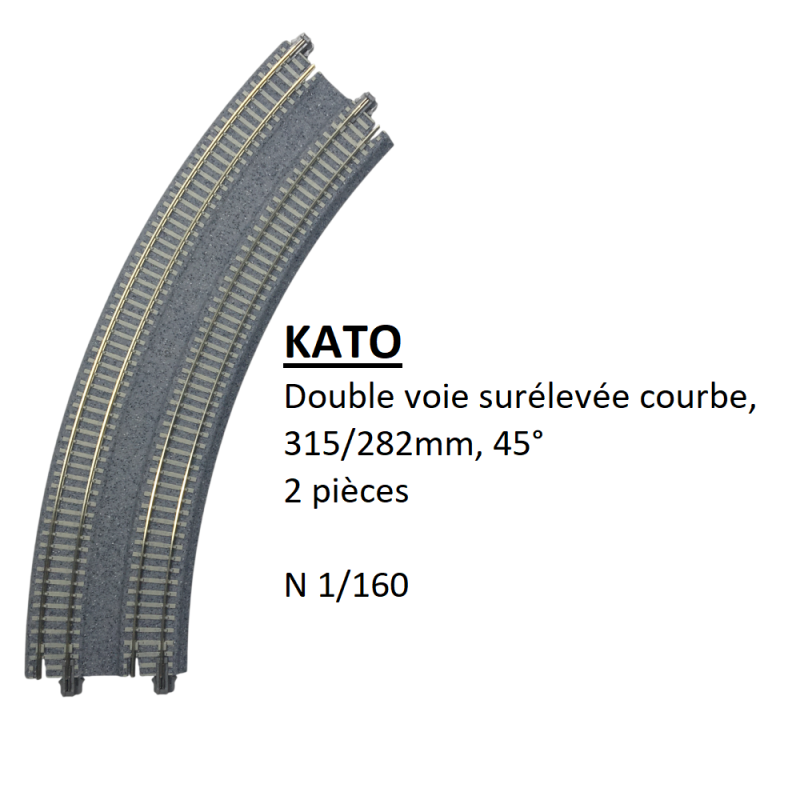 Double voie surélevée courbe, 315/282mm, 45°, 2 pièces - KATO 20-183 - N 1/160