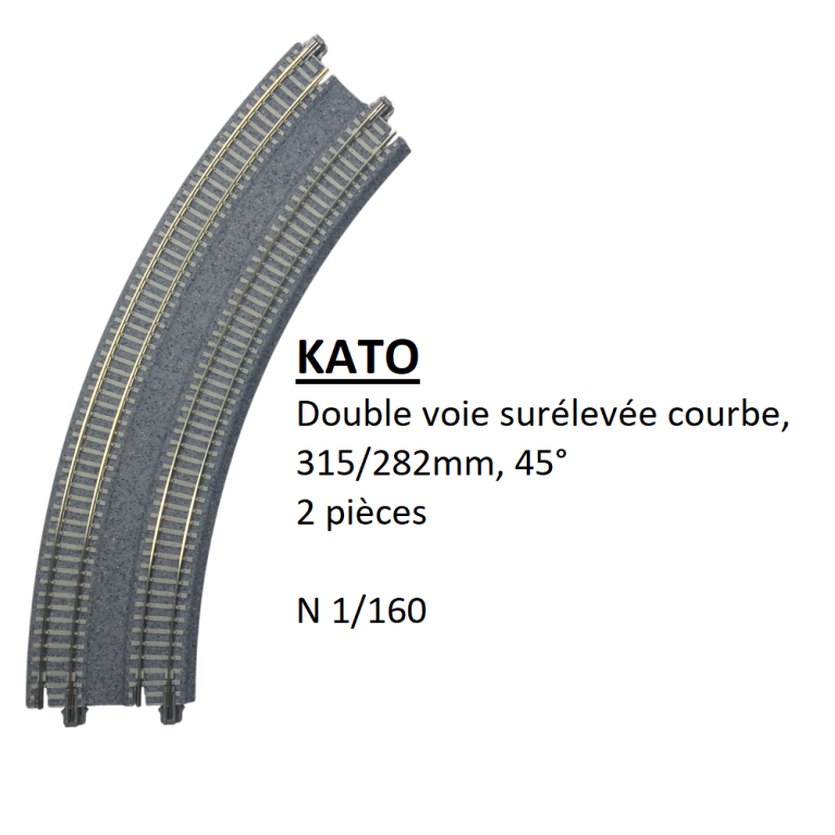 Double voie surélevée courbe, 315/282mm, 45°, 2 pièces - KATO 20-183 - N 1/160
