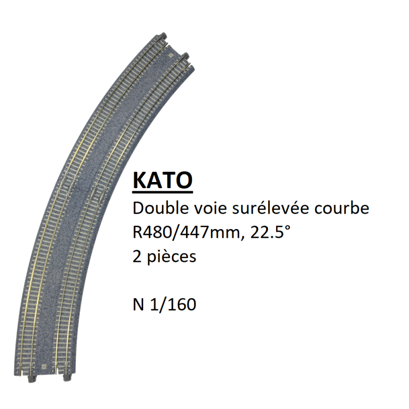 Double voie surélevée courbe, R480/447mm, 22.5°, 2 pièces - KATO 20-186 - N 1/160