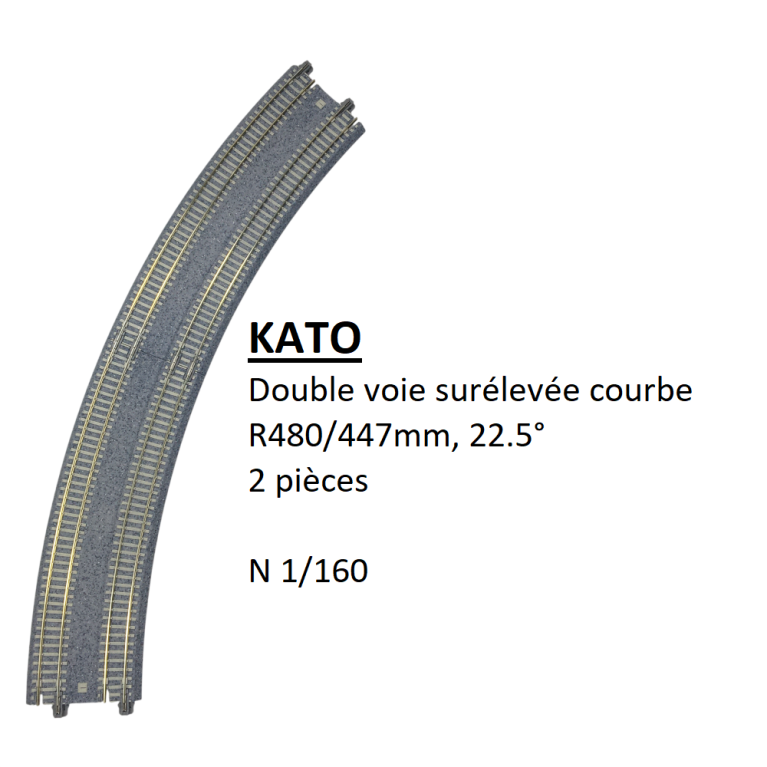 Double voie surélevée courbe, R480/447mm, 22.5°, 2 pièces - KATO 20-186 - N 1/160