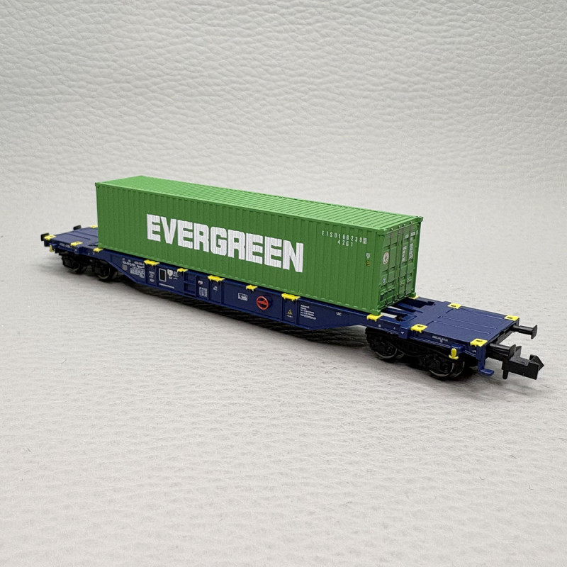 Wagon porte-conteneurs type Sgnss conteneur 40 pieds Evergreen RailRelease BV, Ep. VI - MINITRIX 18560 - N 1/160