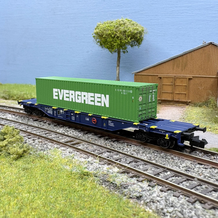 Wagon porte-conteneurs type Sgnss conteneur 40 pieds Evergreen RailRelease BV, Ep. VI - MINITRIX 18560 - N 1/160