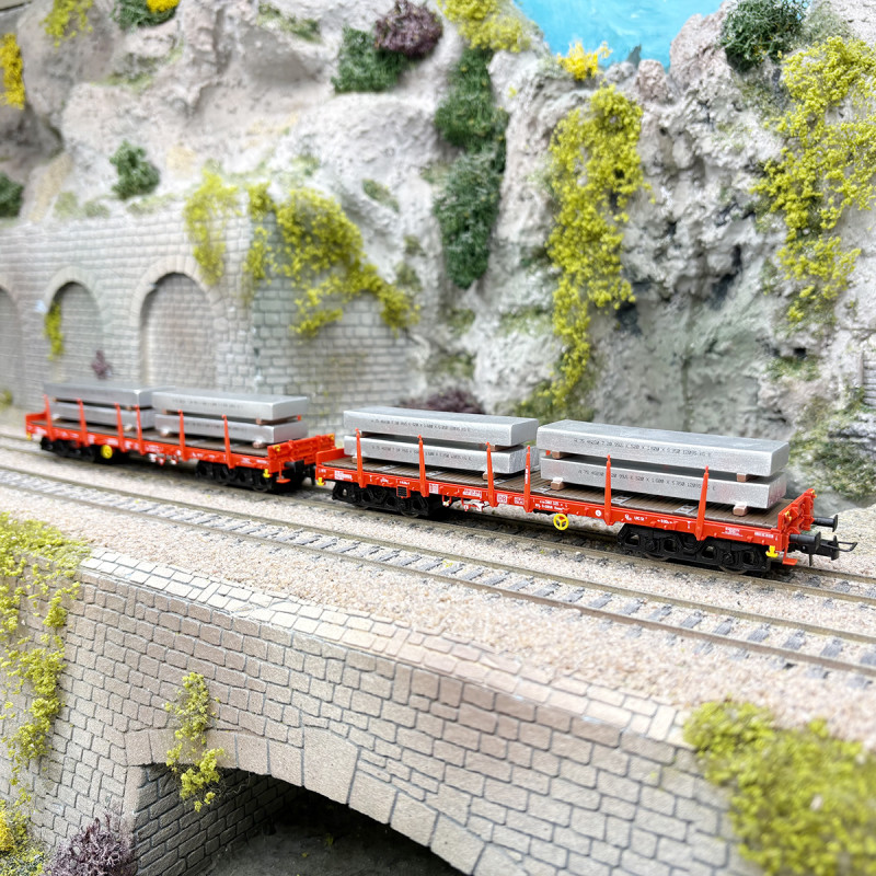 Coffret 2 wagons plats Rmms 4 essieux blocs aluminium rouge trafic D-DBSR, Ep. VI - RIVAROSSI HR6702 - HO 1/87