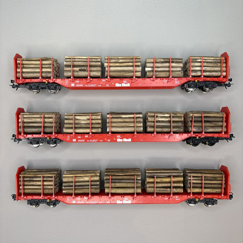 Coffret de 3 wagons à ranchers Rnoos "OnRail", chargement bois rond, Ep. VI - ROCO 6600318 - HO 1/87