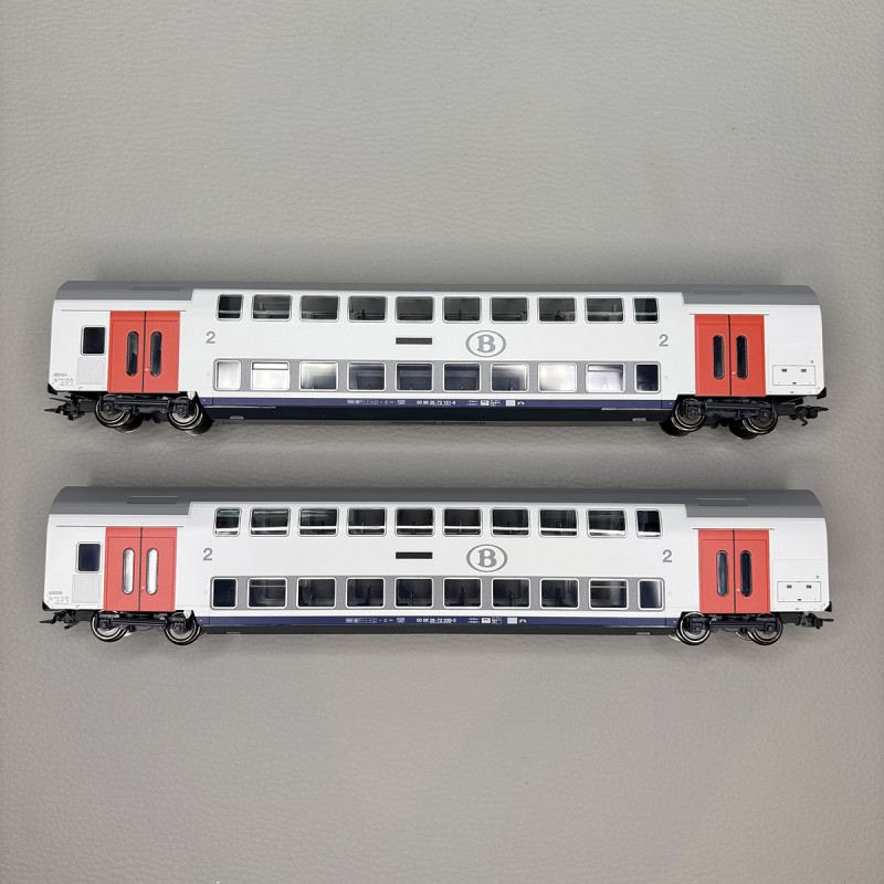 Coffret de 2 voitures à 2 niveaux M6, 2de classe, gris clair, SNCB, Ep. VI - MARKLIN 43566 - HO 1/87