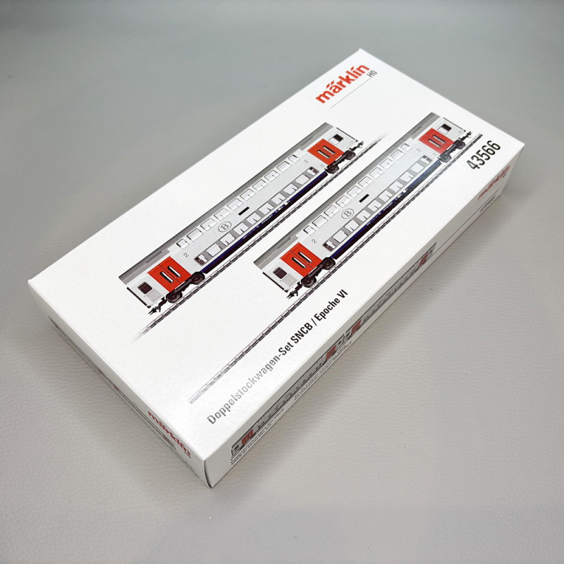 Coffret de 2 voitures à 2 niveaux M6, 2de classe, gris clair, SNCB, Ep. VI - MARKLIN 43566 - HO 1/87