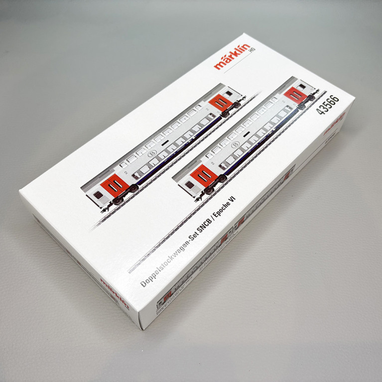 Coffret de 2 voitures à 2 niveaux M6, 2de classe, gris clair, SNCB, Ep. VI - MARKLIN 43566 - HO 1/87