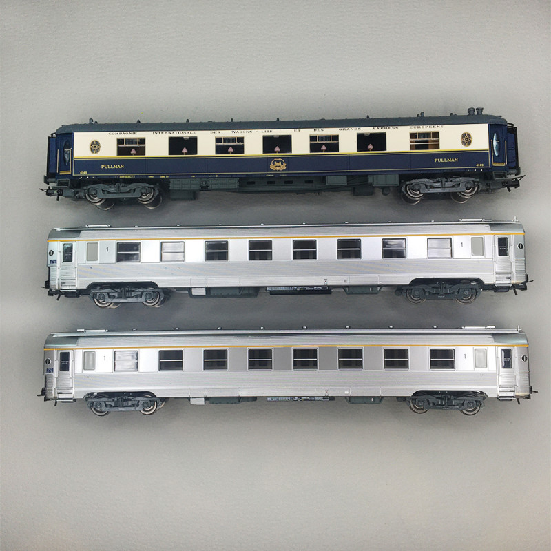 Coffret de 3 voitures "Sud Express", voiture-salon CIWL, 2 DEV Inox courtes, N°2/2, SNCF, Ep. III-IV, JOUEF HJ4214, HO 1/87