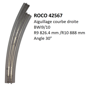 Aiguillage Courbe droite, BWI9/10 avec ballast, à commande manuelle - ROCO 42567 - HO 1/87