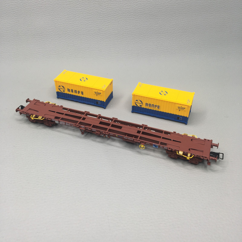 Wagon porte-conteneurs MMC3, 2x conteneurs 20 pieds "RENFE", rouge oxyde, Ep. IV, ELECTROTREN HE6101, HO 1/87