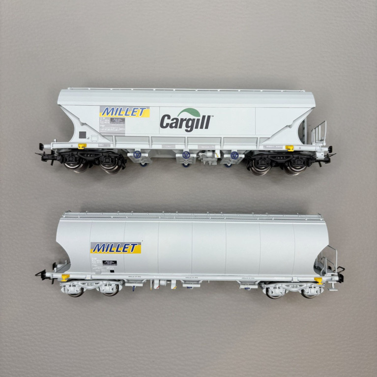 Coffret 2 wagons-trémies céréaliers, parois lisses et bombées, "Millet", SNCF, Ep. VI, JOUEF HJ6320, HO 1/87