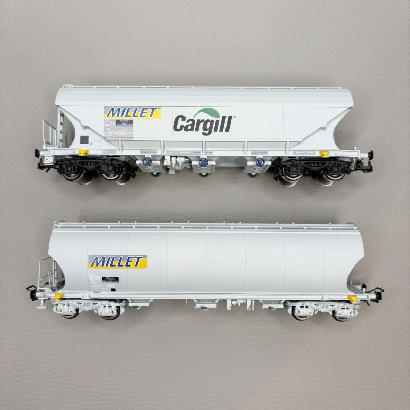 Coffret 2 wagons-trémies céréaliers, parois lisses et bombées, "Millet", SNCF, Ep. VI, JOUEF HJ6320, HO 1/87