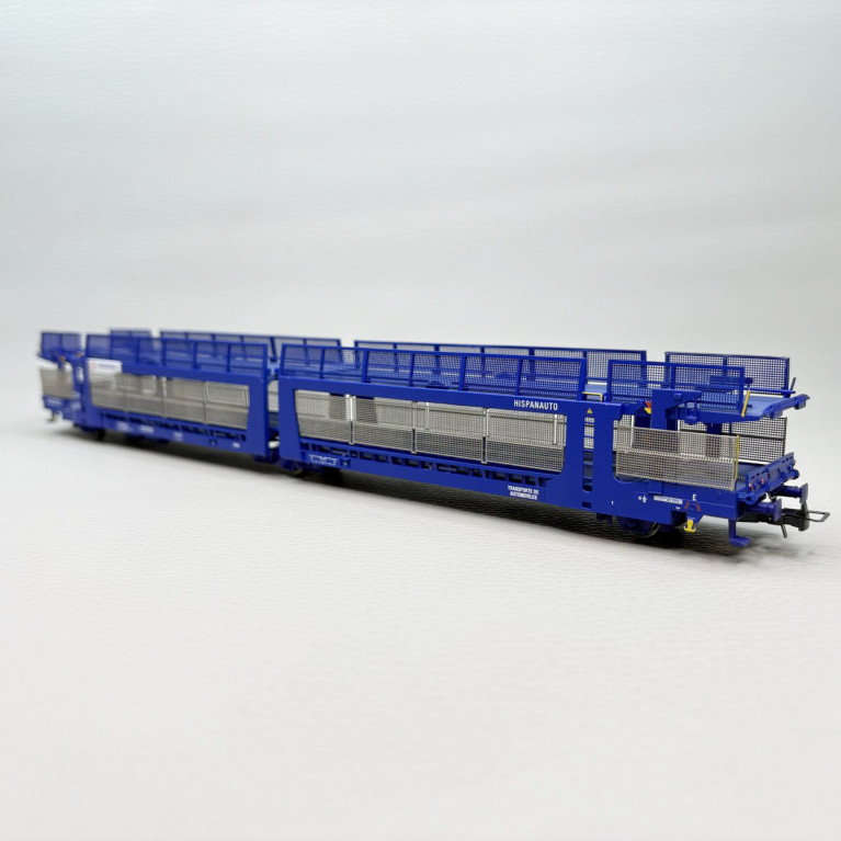 Wagon porte-voitures Laeks 63C, "Hispanauto", livrée bleue, Transfesa, Ep. VI, JOUEF HJ6327, HO 1/87