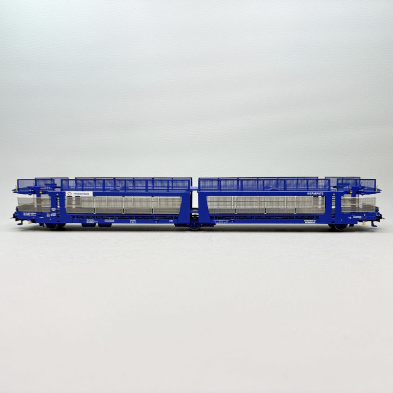 Wagon porte-voitures Laeks 63C, "Hispanauto", livrée bleue, Transfesa, Ep. VI, JOUEF HJ6327, HO 1/87