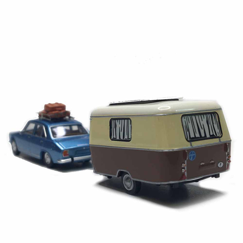 Peugeot 504, bleu métallisé, avec caravane Eriba, galerie de toit, 2 valises, 2 figurines - SAI 1829 - HO 1/87
