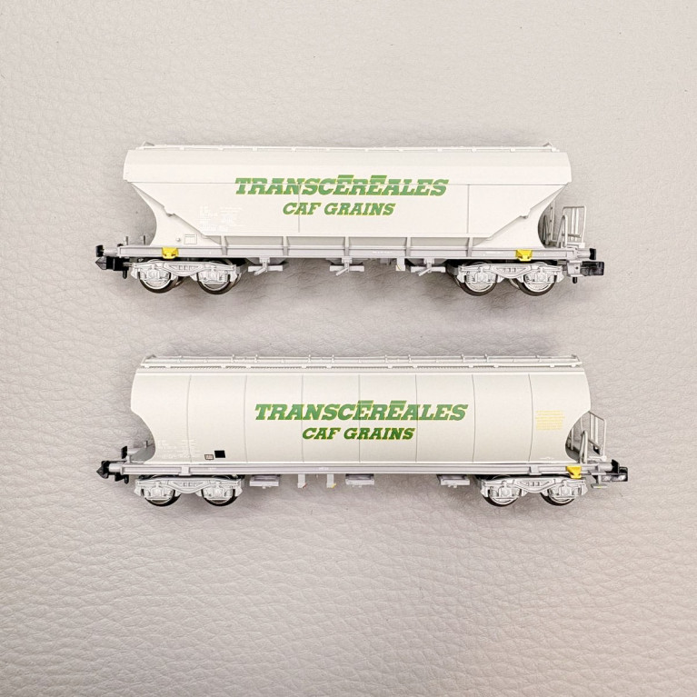 Coffret 2 wagons-trémies céréaliers “Transcéréales CAF Grains”, parois lisses et bombées, SNCF, Ep. IV-V, ARNOLD HN6732, N 1/160