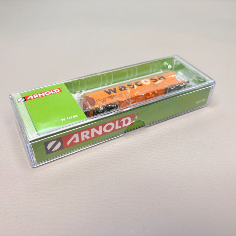 Wagon-trémie céréalier à 4 essieux avec parois bombées, orange, grand logo “WASCOSA”, D-WASCO, Ep. VI, ARNOLD HN6738, N 1/160