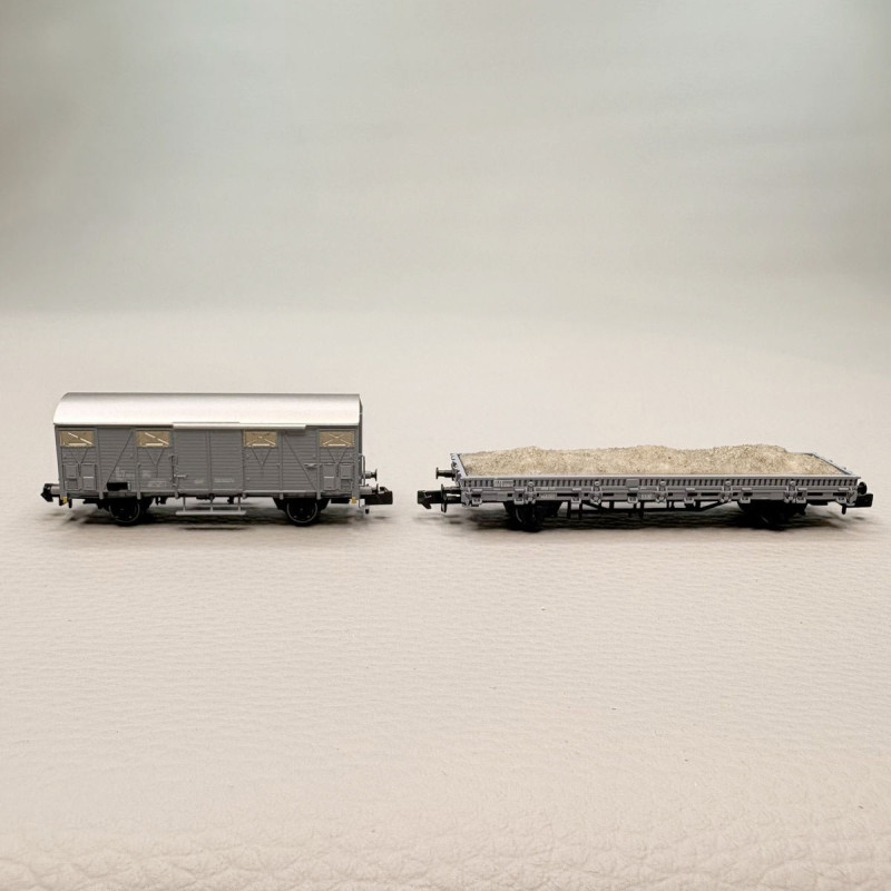 Coffret 2 wagons de service, fourgon VGhs + wagon plateforme Vkkkm chargé de gravier, FS, Ep. V, ARNOLD HN6716, N 1/160