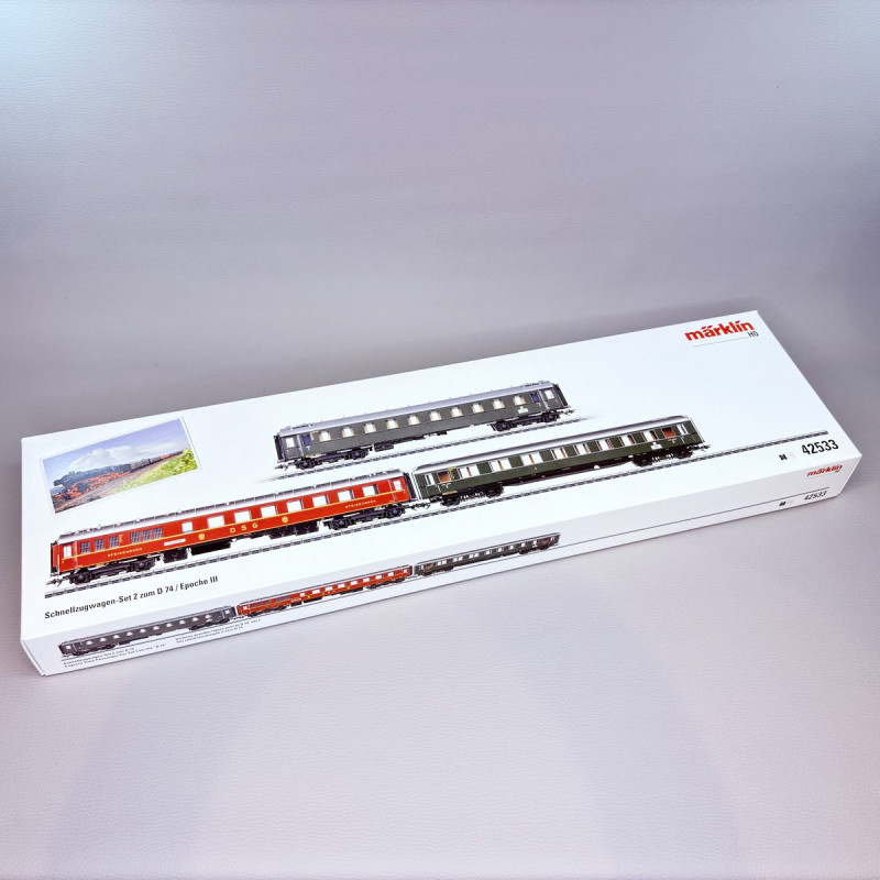 Coffret de 3 voitures train express D 74 n°2, DB et DSG, Ep. III, MÄRKLIN 42533