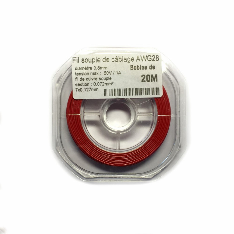 Fil souple de câblage souple rouge 0.8mm2 cuivre 20ml -AWG28R