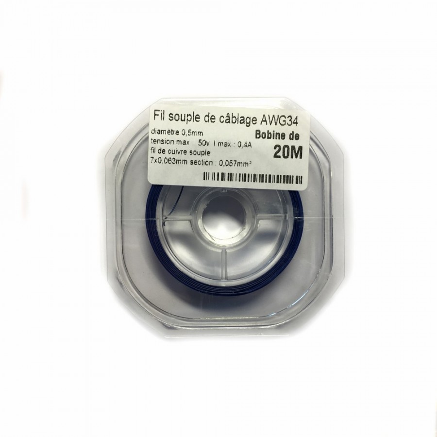 Fil souple de câblage souple bleu 0.5mm2 cuivre 20ml -AWG34BU