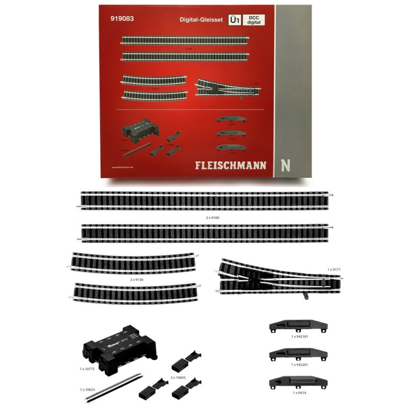 Coffret Ü1, rails, décodeur 8, câble, fiches, moteurs-N-1/160-FLEISCHMANN 919083