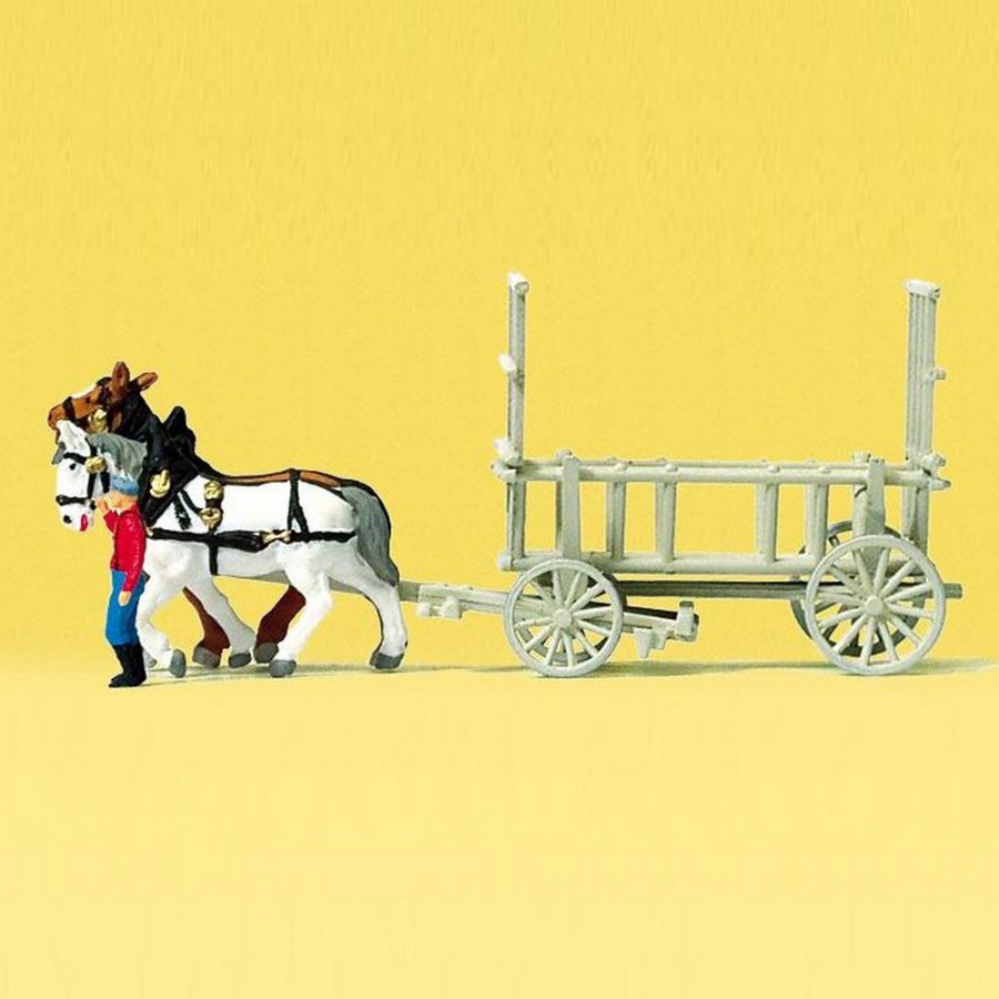 Charette à ridelles avec chevaux et personnage-N-1/160-PREISER 79476