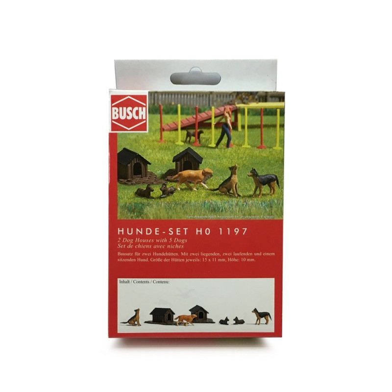 5 chiens + 2 niches-HO-1/87-BUSCH 1197