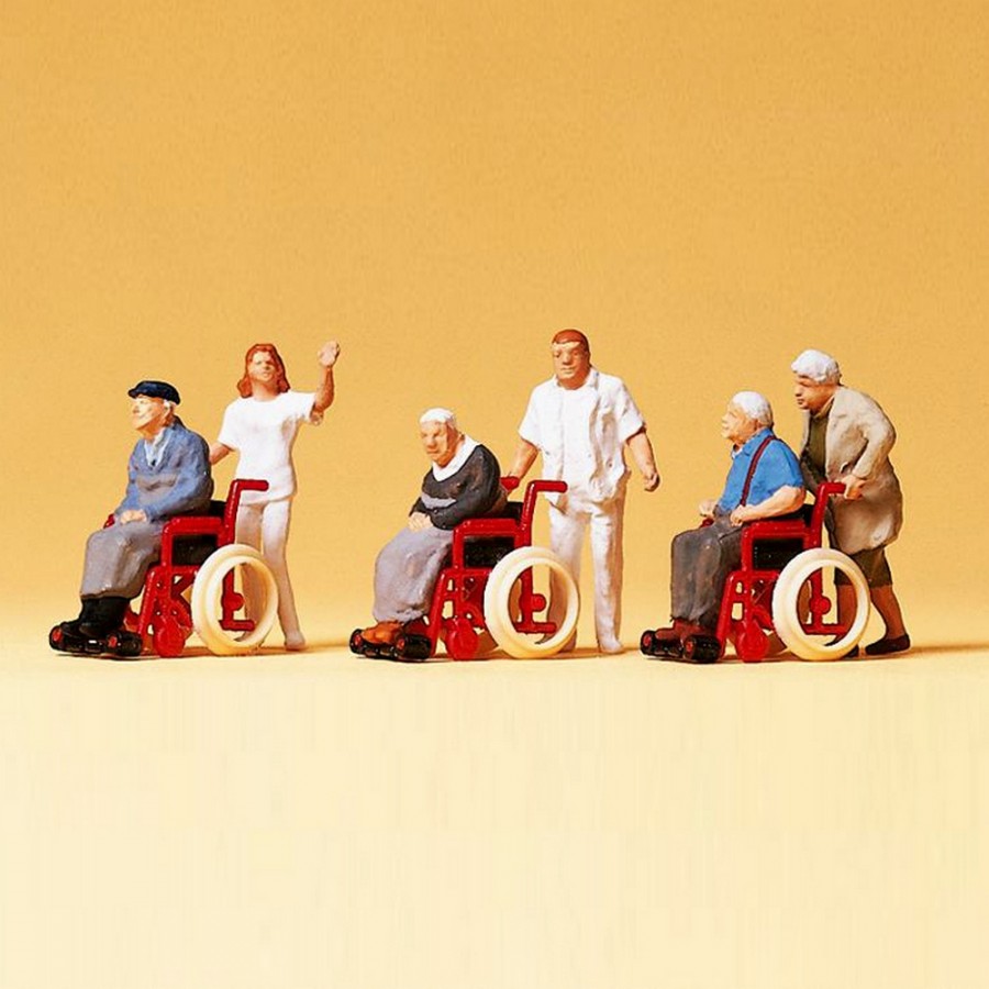Personnages en fauteuils roulants + infirmiers-HO 1/87-PREISER 10479