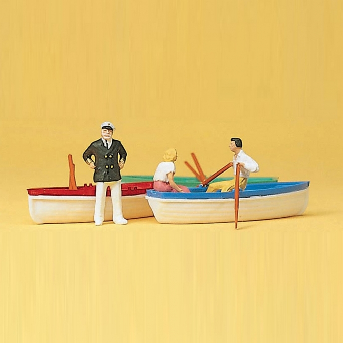 3 personnages avec leur barque-HO 1/87-PREISER 10072