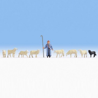 Berger avec son chien et 7 moutons-HO-1/87-NOCH 15748